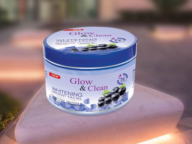 Glow and Clean whitening urgent facial jar on dark outdoor background in Pakistan
