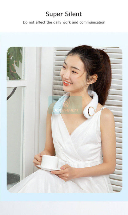 Woman wearing white portable neck cooling fan lifestyle in Pakistan