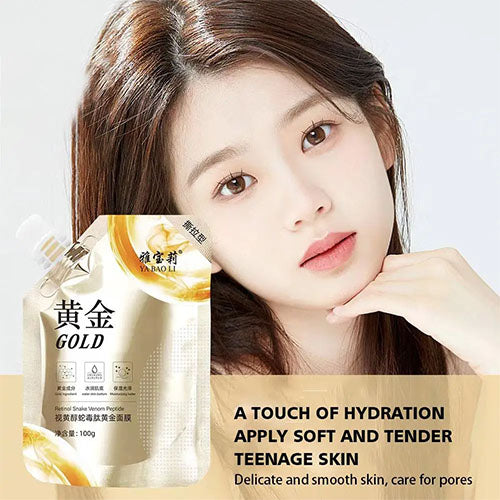 Woman with gold mask product pouch in Pakistan