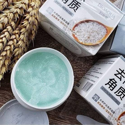 BioAqua rice gel exfoliating gel container with spoon on wooden surface in Pakistan