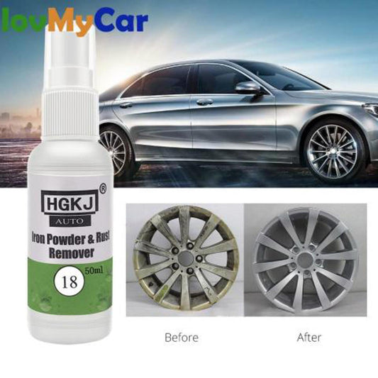 Rust remover spray bottle with car and before after wheel results in Pakistan