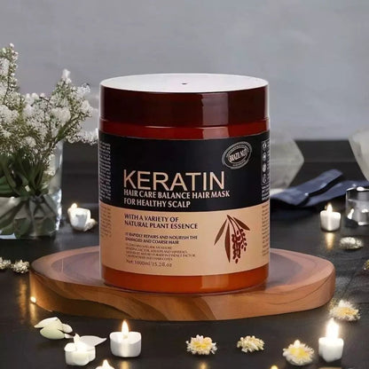 Keratin hair mask 500ml original jar on wooden board with flowers in Pakistan