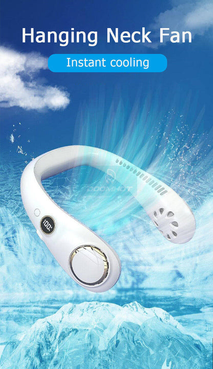 White hanging neck fan with cooling effect on blue background in Pakistan