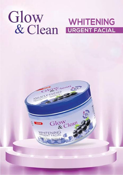 Glow and Clean whitening urgent facial jar on purple background in Pakistan