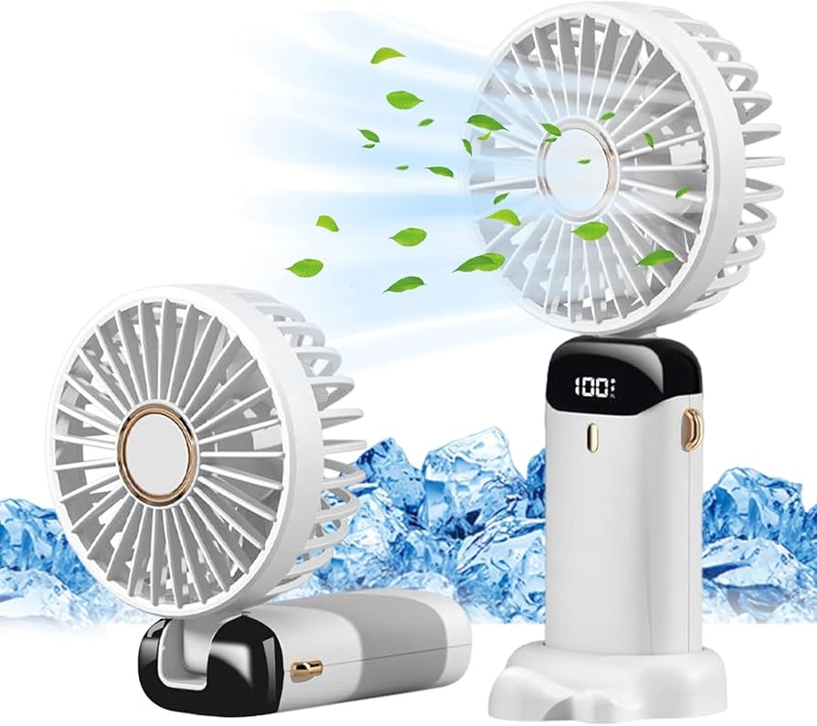 White handheld neck fan with battery display in Pakistan