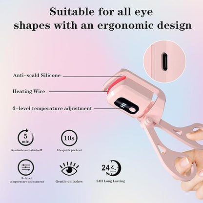 Heated eyelash curler features infographic on light pink background in Pakistan