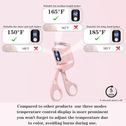 Heated eyelash curler three temperature modes infographic with 5-minute auto power off in Pakistan