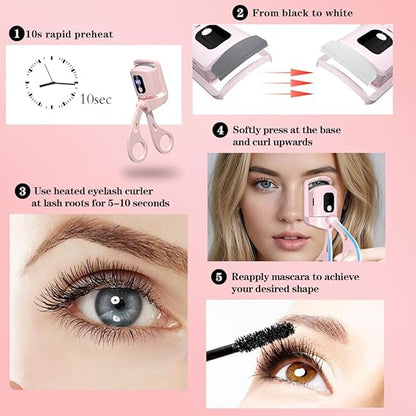 Heated eyelash curler step-by-step usage guide infographic with eye results in Pakistan