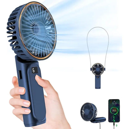 Blue handheld neck fan with digital display in Pakistan