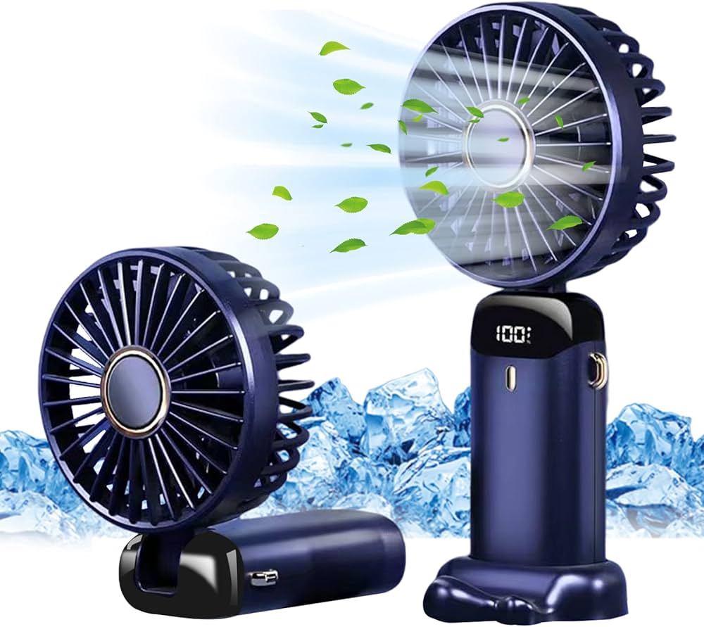 Navy blue neck fan with display and ice cubes in Pakistan