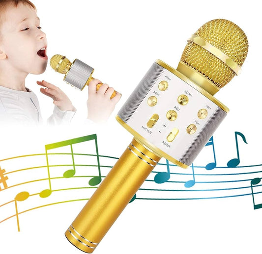 Gold wireless karaoke mic with child in Pakistan