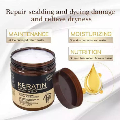 Keratin hair mask jar with product text on white background in Pakistan