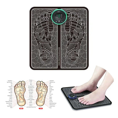 EMS foot massager pad with foot diagram and person using it in Pakistan