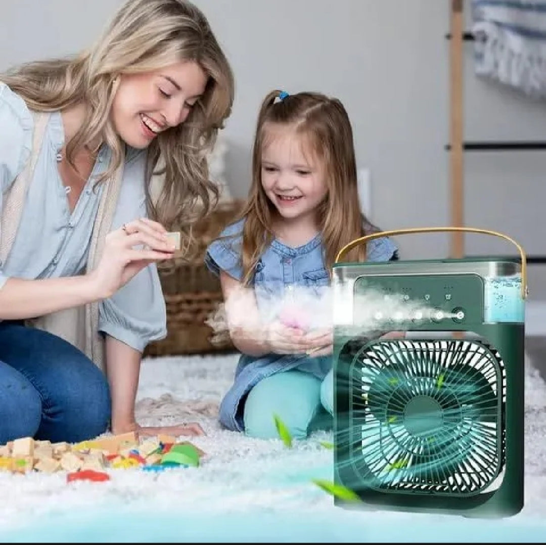 Woman and child using portable air cooling fan lifestyle in Pakistan