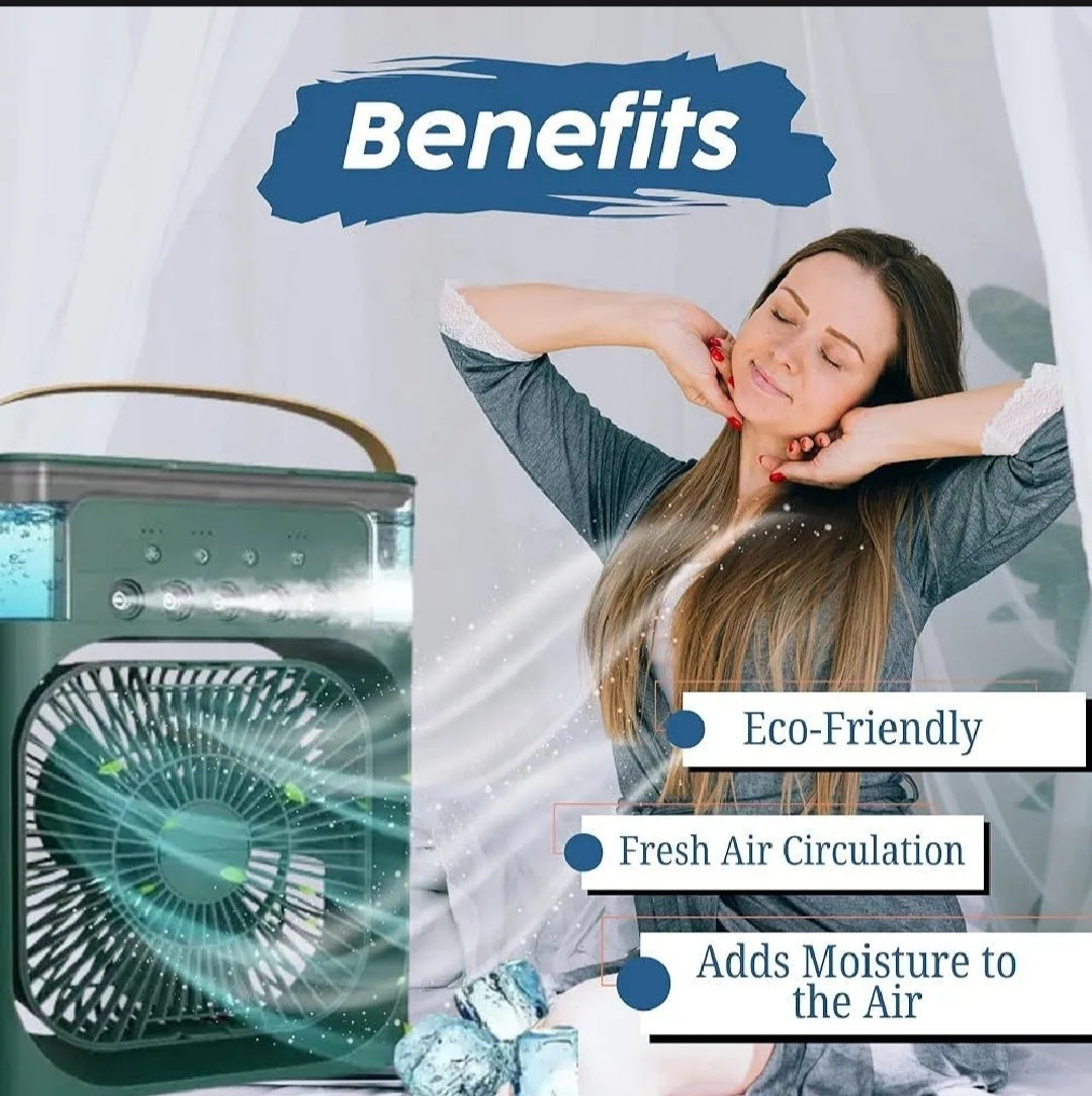 Woman enjoying portable air cooling fan benefits infographic in Pakistan