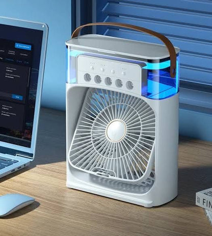 White portable air cooling fan on wooden table in Pakistan