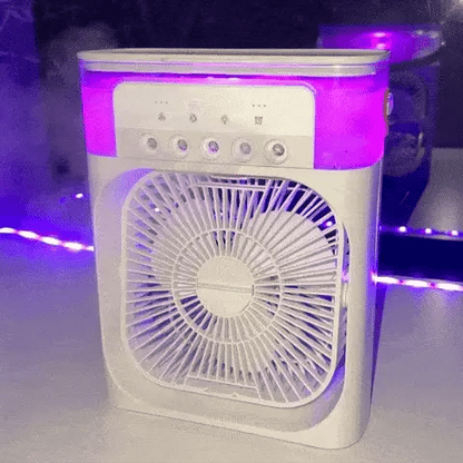 Portable air cooling fan with purple LED light front view in Pakistan