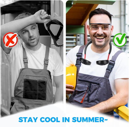 Stay cool in summer comparison graphic with worker wearing neck fan in Pakistan