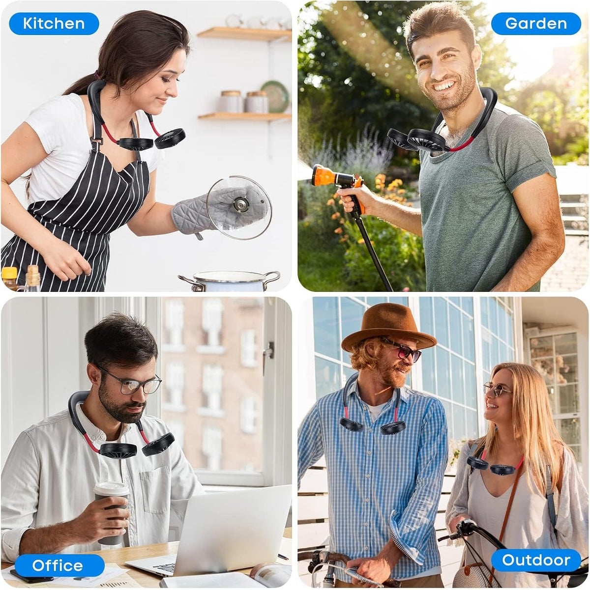 People using portable neck cooling fan lifestyle collage in Pakistan