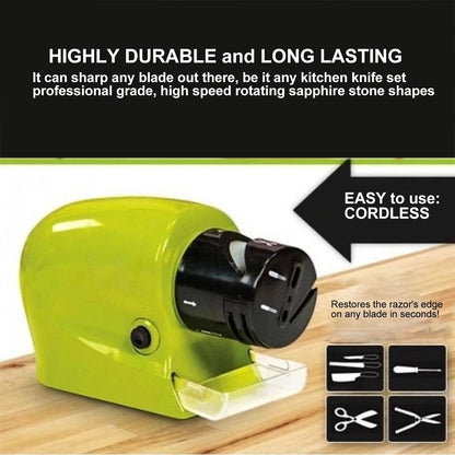 Green electric knife grinder on wooden surface highlighting durability and ease of use in Pakistan