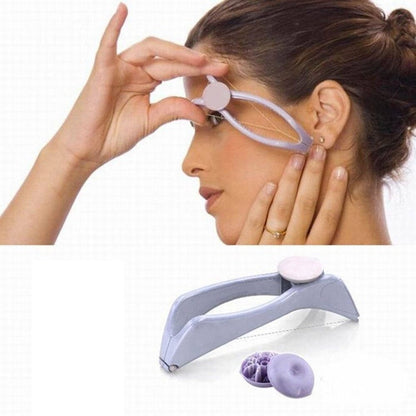 Woman using hair threading machine on face with product shown below in Pakistan